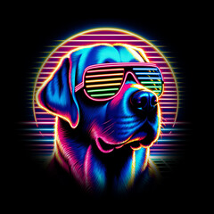 colourful labrador wearing sunglasses with a synthwave background