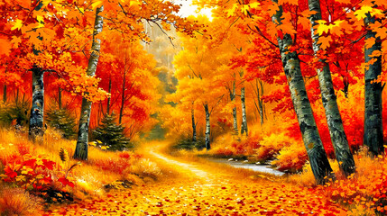 A sunlit path through an autumn forest, showcasing a vibrant display of fall colors and the natural beauty of the changing seasons