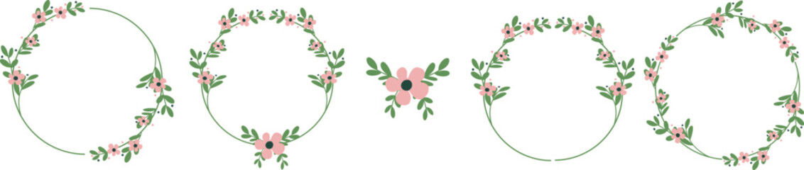 Round floral frame, floral crown, set, design element.