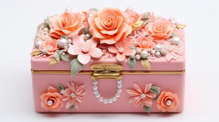 Ethereal Blossoms: A Whimsical Pink Box Adorned With Delicate Flowers and Pearls. Generative AI.
