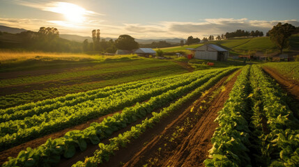 The last rays of the setting sun cast a soft, golden light over a sprawling farm with rows of vibrant green vegetables, a symbol of rural tranquility and agricultural bounty.
