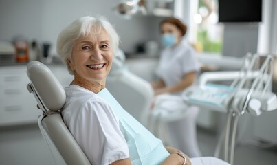 Satisfied senior woman at dentist's office