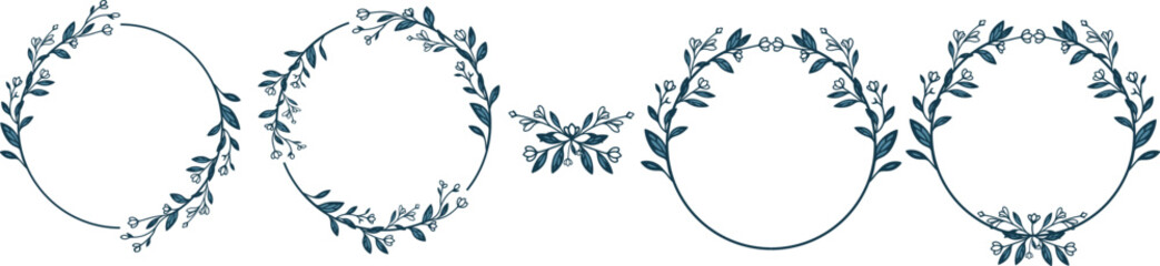 Round floral frame, floral crown, set, design element.