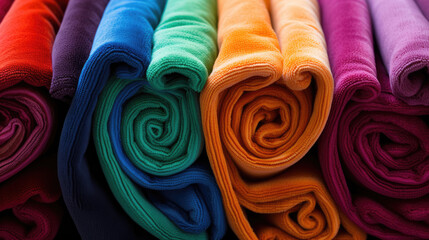 Set of colored towels. Multi-colored robes and soft towels