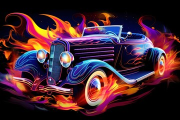 Dynamic and vivid abstract neon depiction of a classic Roadster Oldtimer with flames creating a mesmerizing visual spectacle - obrazy, fototapety, plakaty