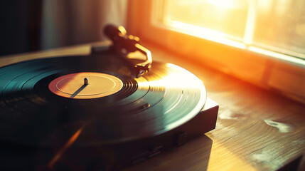 Close-up of turntable retro vinyl record player on wooden table against sunny sunset backdrop....