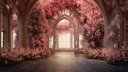 Fototapeta premium Portal of Blooms: A Majestic Archway Adorned With Blushing Blossoms. Generative AI.