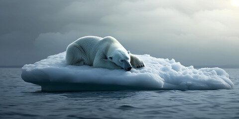 A polar bear on a litle peace of ice sad and dramatic represent the melting polar ice global warming