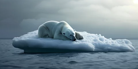 Foto op Canvas A polar bear on a litle peace of ice sad and dramatic represent the melting polar ice global warming © Erzsbet