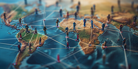Little maket peoples on the world map representing of globalization and netwoerk around the world