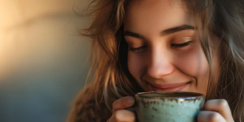 Foto op Plexiglas Beautiful woman smiling and hold a mug of hot drink coffee or tea with morning light cozy feeling on a winterday © Erzsbet