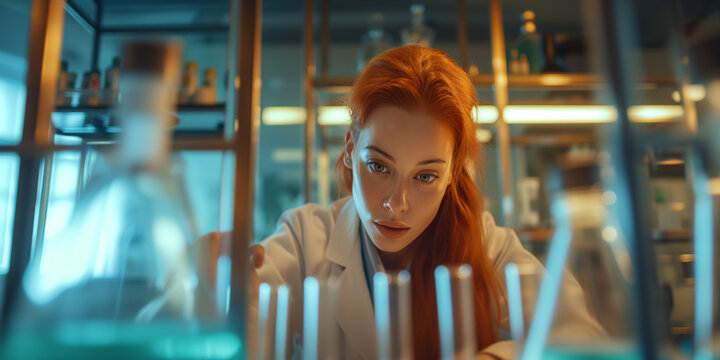 young female lab worker with a serious look and red hair wears a lab coat in the lab