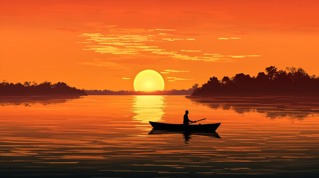 sillhouette boat along the river, peaceful sunset landscape