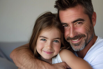 Obraz premium Happy European father with a beard hugs his smiling daughter with long hair.