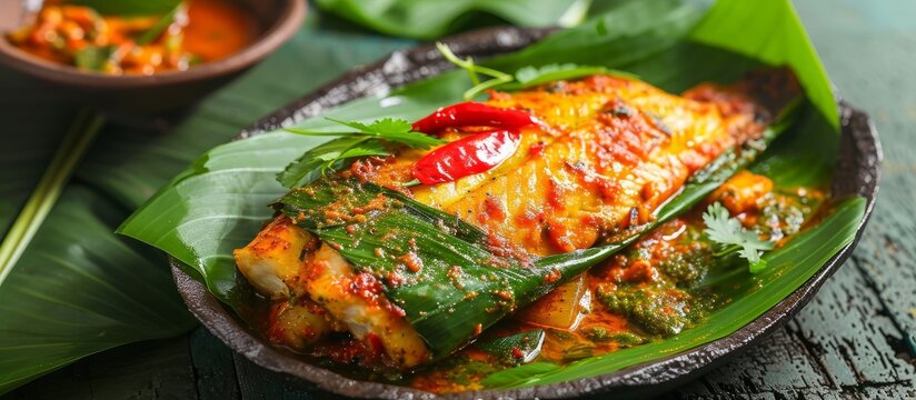 Delicious Kerala dish, fish cooked in banana leaf with masala, known as Meen Pollichathu.