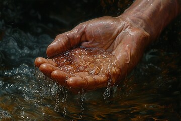 The hand of John the Baptist is raised, water cascading down to symbolize the sanctity and renewal of life through baptismal waters