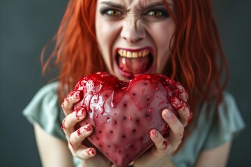 Horror-Themed Image of a Woman Holding a Bloodied Heart - Suitable for Halloween, Horror, and Theatrical Themes - obrazy, fototapety, plakaty
