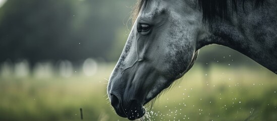 Grey horse close up, licking a salt mineral lick for vitamins on a summer day, promoting health and fitness.
