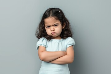 Little Girl with Crossed Arms and Angry Expression - Ideal for Themes of Child Discontent, Determination, and Personality Traits - obrazy, fototapety, plakaty