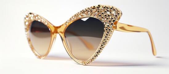 A stylish pair of heart-shaped sunglasses adorned with rhinestones, resting on a white surface, perfect for fashion-forward individuals looking to add a touch of glamour to their eyewear collection.