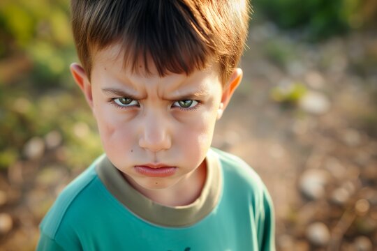 Angry Young Boy with Intense Gaze - Suitable for Themes of Child Determination, Resilience, and Strong Character