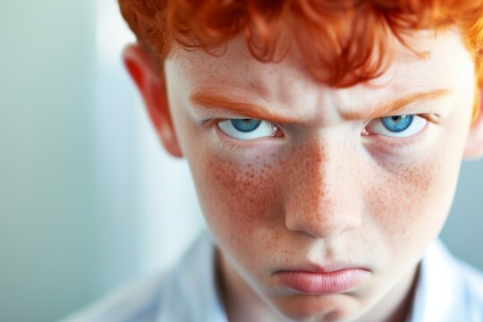 Young Boy with Intense Blue Eyes and Serious Look - Suitable for Concepts of Childhood Emotions, Determination, and Character