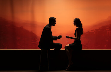 Obraz premium Silhouettes of a man and woman sharing a moment over glasses of wine with a soft orange cityscape in the background, evoking a romantic ambiance. 