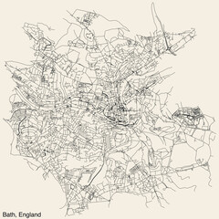 Detailed hand-drawn navigational urban street roads map of the United Kingdom city township of BATH, ENGLAND with vivid road lines and name tag on solid background