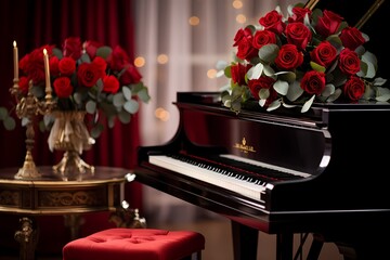 Elegant Valentine's Day piano recital with a grand piano adorned with roses, creating a romantic atmosphere