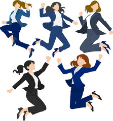 女性実業家5人がジャンプしているイラスト