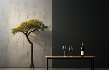 Two wine glasses and a bottle rest on a sleek table against an artistic backdrop featuring a lone tree on a textured wall, blending nature with modern design.
