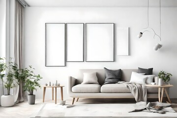 Experience the beauty of uncluttered living in a minimalist room, adorned with Scandinavian aesthetics, an empty wall mockup, and a white blank frame for personalization.