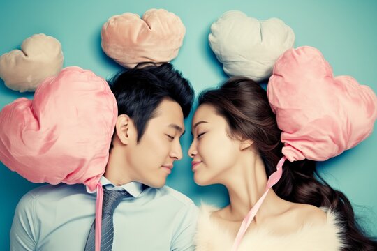 Couple with Cotton Candy Clouds for Heads in a Whimsical Portrayal of Sweet Love and Dreamy Togetherness
