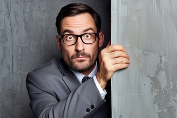 Businessman Peeking Cautiously Around the Corner: Concept of Curiosity and Caution in Business
