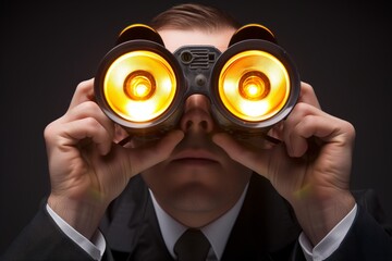 Businessman with Futuristic Binoculars: Focused Visionary Looking Towards the Future in a Dark Setting