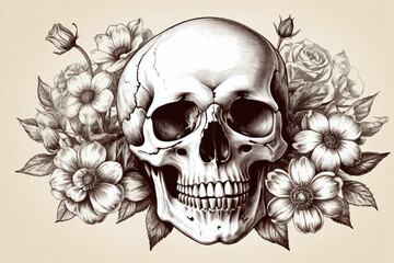 Fototapeta premium Human skull with flowers. Hand drawn vintage, sketch vintage illustration