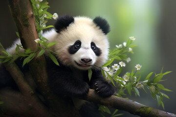 A lazy panda bear slowly climbs a tree.