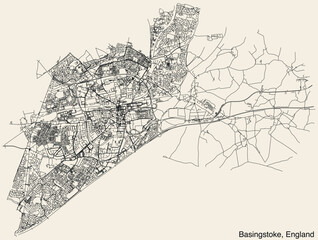 Detailed hand-drawn navigational urban street roads map of the United Kingdom city township of BASINGSTOKE, ENGLAND with vivid road lines and name tag on solid background