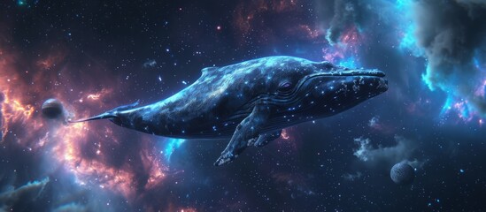 Digital drawing of a whale in outer space, created in 3D.