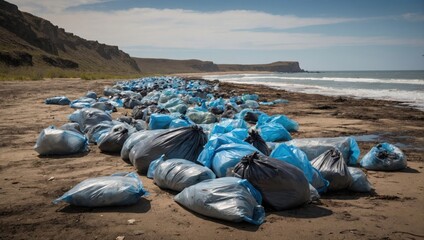 Fototapeta na wymiar bags with garbage on the seashore