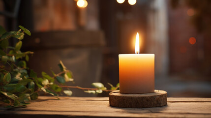 Lit Candle on Wooden Table