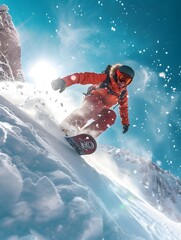 Playing snowboarder launching off in the Swiss Alps