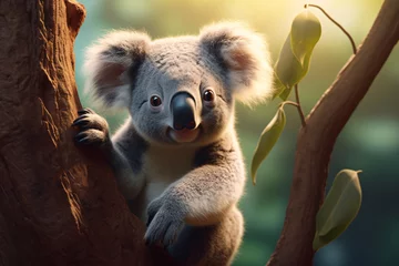 Poster Cute furry marsupial koala bears sitting in eucalyptus trees with round noses and expressive eyes. © trompinex