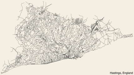 Detailed hand-drawn navigational urban street roads map of the United Kingdom city township of HASTINGS, ENGLAND with vivid road lines and name tag on solid background