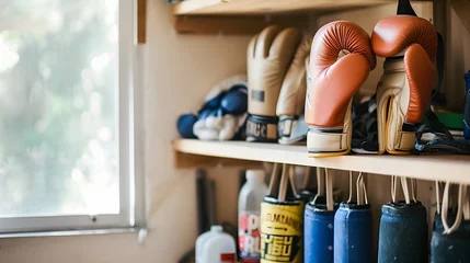 Foto op Canvas Boxing Gloves and Equipment on Gym Shelf © Alex