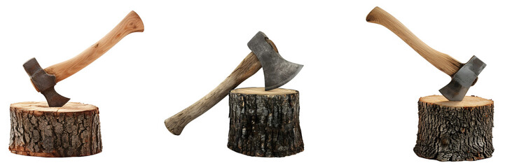 Set of Axes on Wood Stumps on Transparent Background