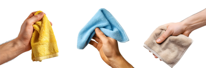 Set of Microfiber Cleaning Cloths, yellow, blue and brown on Transparent Background