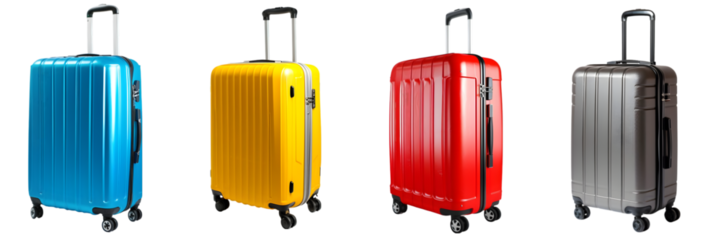 Set of travel suitcases, blue, yellow, red and black isolated on transparent background
