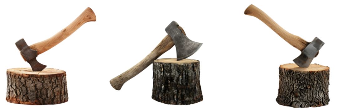 Set of Axes on Wood Stumps on Transparent Background