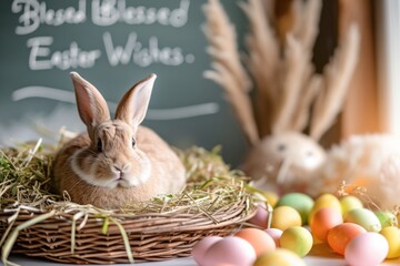 Easter bunny in a basket with eggs and chalkboard wishes